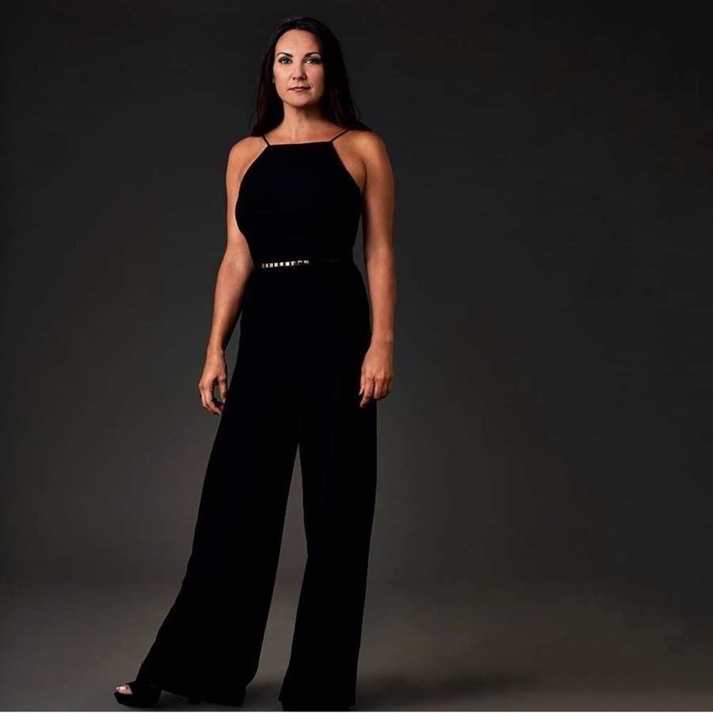 Black Halo Black Halter Wide-Leg Jumpsuit with Belt - HAS BEEN ALTERED